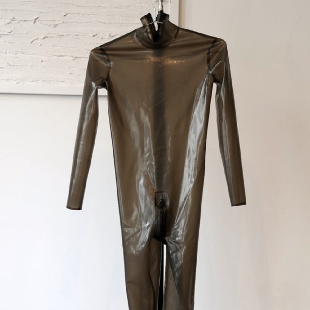 Bright&Shiny Latex Catsuit with 3 Sliders Zipper, Small - Trans Smokey Black